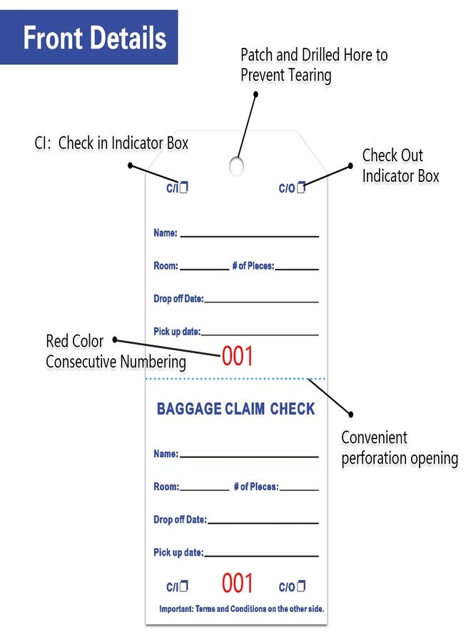 TQQBUU 1000 Baggage Claim Check Tags with Transfer Tape on Back, 4 3/4 x 2 3/8 Hotel Luggage ID Tags Numbering from 001 to 1000, Baggage Identification for Hotel Suitcase Motel Bag - Image 2